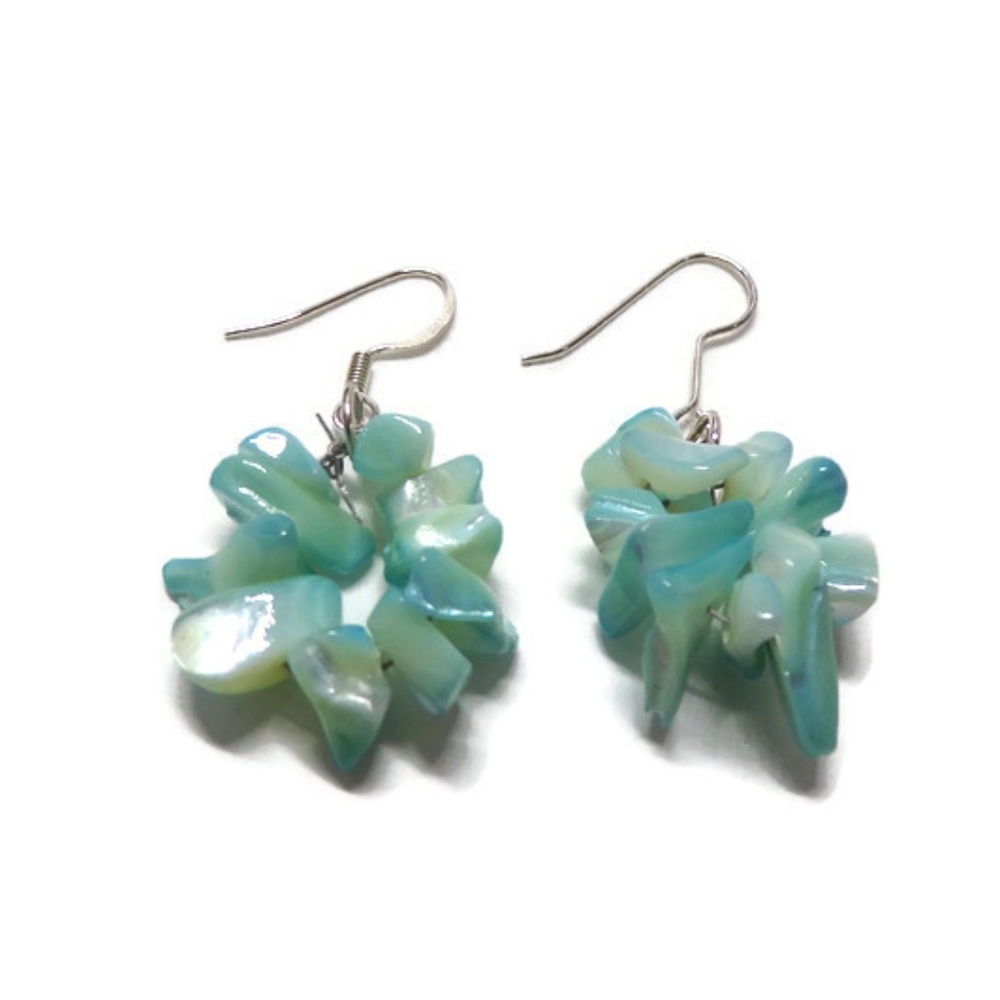 Cluster Dangle Hook Earrings Aqua Blue J899